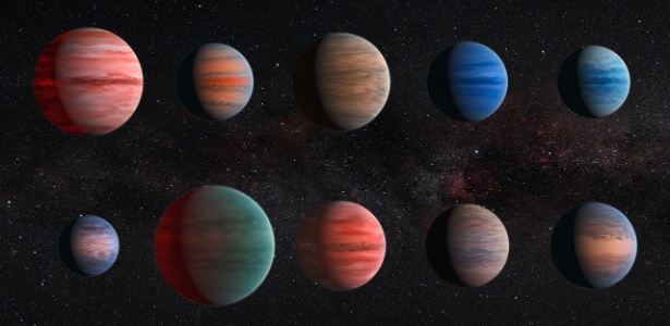 Representação dos dez "Jupíteres quentes" estudados através de dados coletados pelo Hubble e Spitzer - Hubble/ESA/NASA