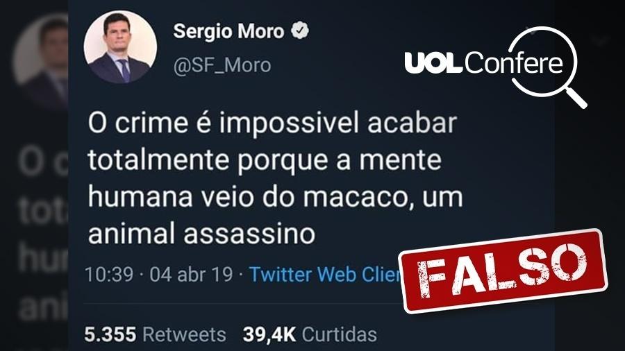 Tuíte atribuído falsamente ao ministro da Justiça e Segurança, Sergio Moro - Arte UOL sobre reprodução