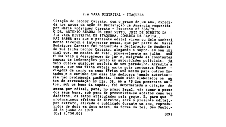 O desaparecimento de Leonor Carrato em meados de 1967 foi registrado por sua mãe, Maria, em 1979 - Reprodução do Diário Oficial de São Paulo de 9/7/1980 - Reprodução do Diário Oficial de São Paulo de 9/7/1980