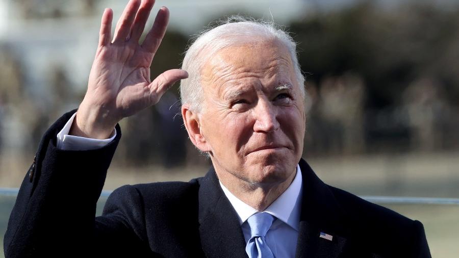 20 jan. 2021 - O Presidente Joe Biden durante cerimônia no Capitólio - Pool/Getty Images