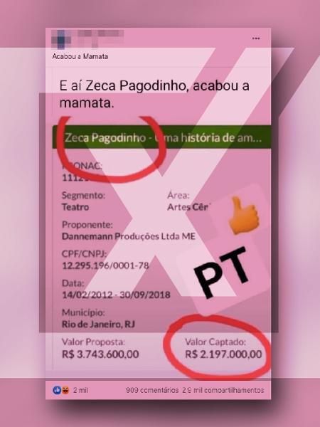 2.mai.2022 - Zeca Pagodinho não recebeu milhões de reais pela Lei Rouanet por musical - Projeto Comprova
