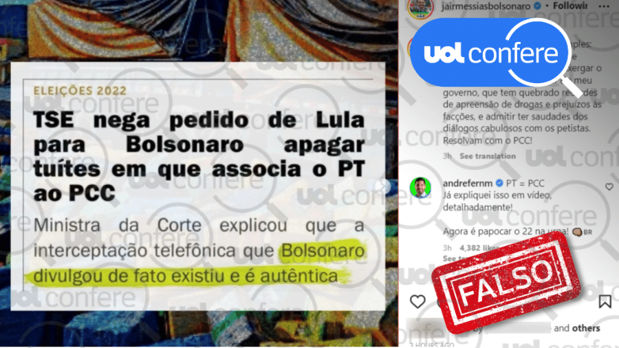 24.ago.2022 - É falso que TSE tenha reconhecido conexão de Lula com PCC, como compartilhado por Jair Bolsonaro - Arte/UOL sobre Reprodução/Instagram