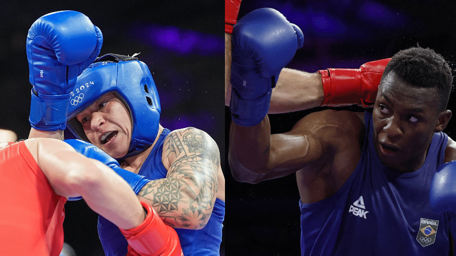 Os boxeadores brasileiros Beatriz Ferreira e Keno Marley, durante confrontos nas Olimpíadas de Paris