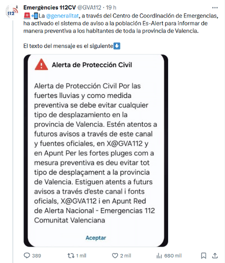 Publicação no X do serviço de emergência de Valência mostra a notificação enviada pelo Es-Alert