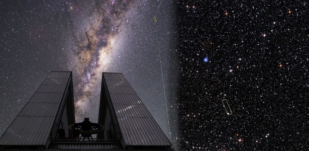 Telescópio NTT e a estrela ultrapobre em metais 2MASS J18082002-5104378 (no retângulo amarelo) - Agência Fapesp/ESO/Beletsky/DSS1 + DSS2 + 2MASS