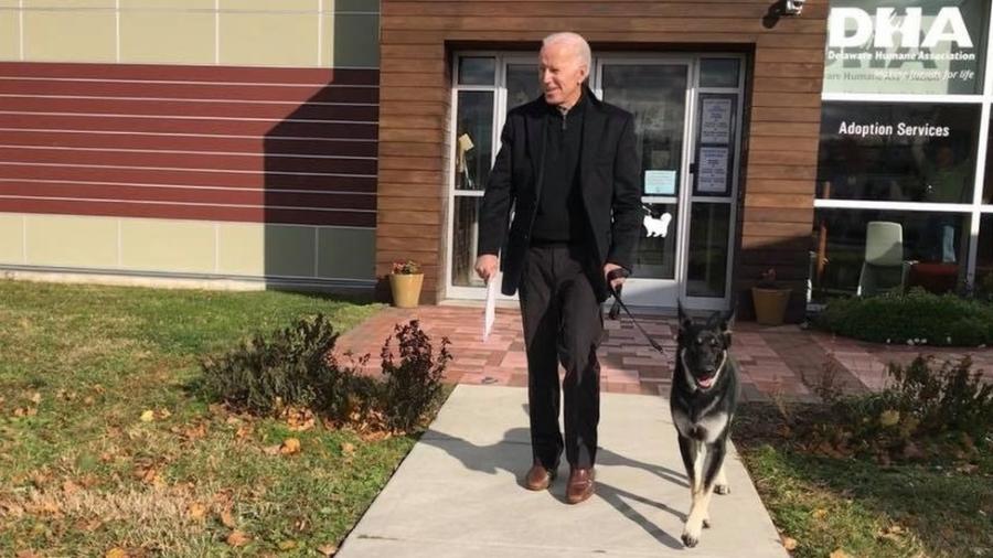O presidente eleito dos EUA, Joe Biden, caminha com seu cão Major - DELAWARE HUMANE ASSOCIATION