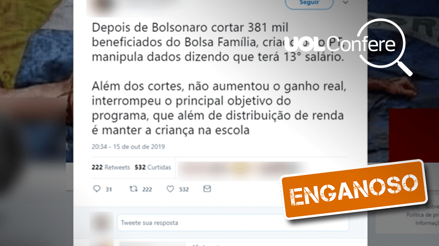 18.out.2019 - Post traz conteúdo enganoso sobre o 13º do Bolsa Família - Arte/UOL