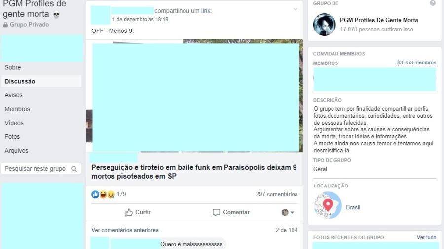 Página do grupo do Facebook Profiles de Gente Morta onde foram compartilhadas fotos dos corpos das vítimas de Paraisópolis - Reprodução / Facebook