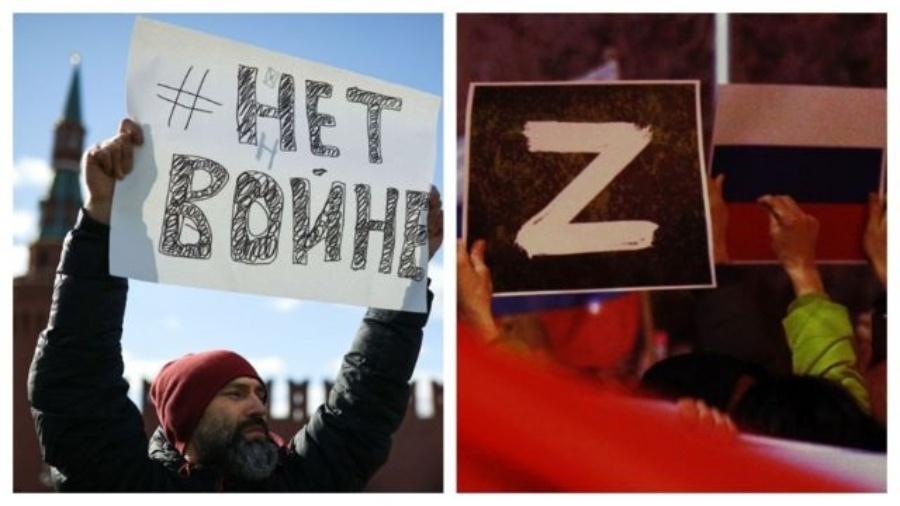 Dois sinais de protesto: um a favor e outro contra a invasão da Ucrânia - Getty Images/BBC