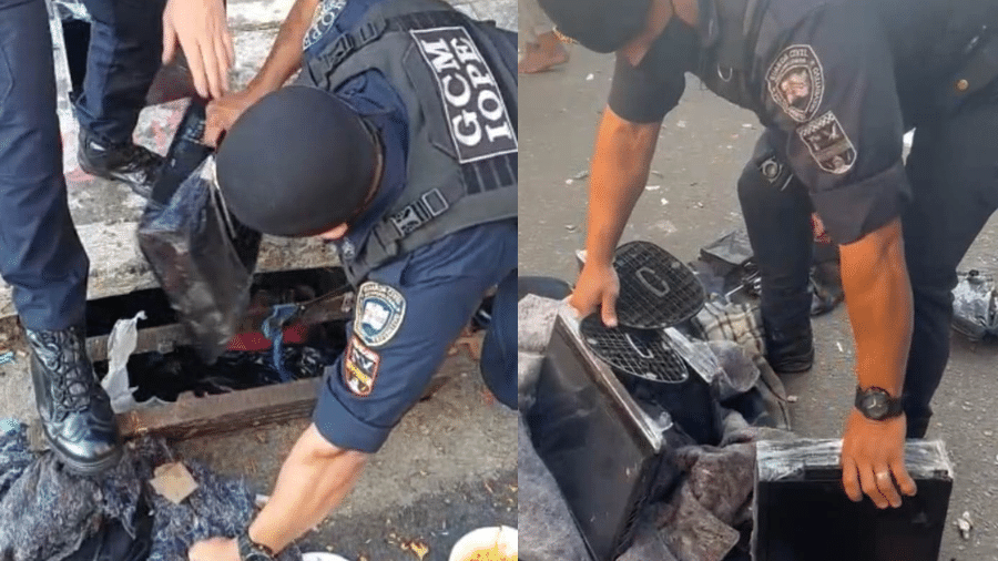 Os suspeitos escondiam os eletrônicos dentro de sacolas plásticas e os colocavam dentro de bueiros  - Divulgação/Guarda Municipal de SP