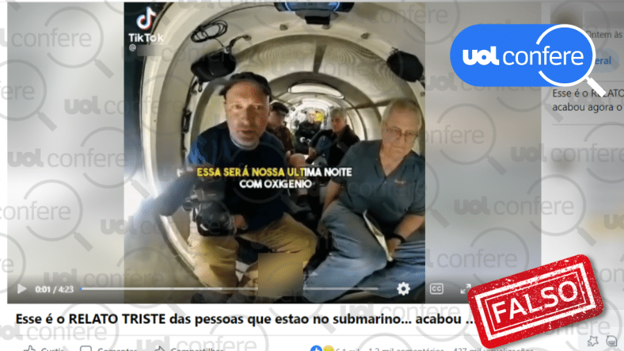 23.jun.2023 - Vídeo de 2019 é editado como se fosse relato dos tripulantes que morreram em acidente com submersível - Arte/UOL sobre Reprodução Facebook