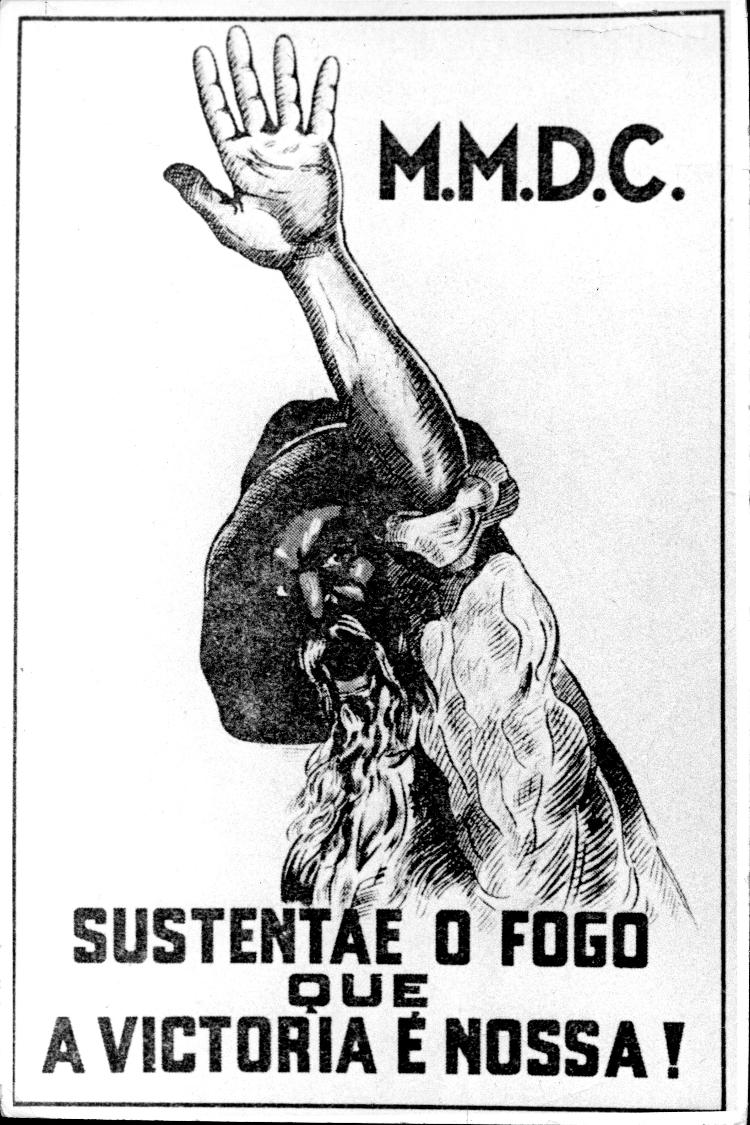Cartaz com a sigla MMDC, da sociedade secreta (Miragaia, Martins, Drausio e Camargo), seguida da frase: "sustentae o fogo que a victoria é nossa!" 