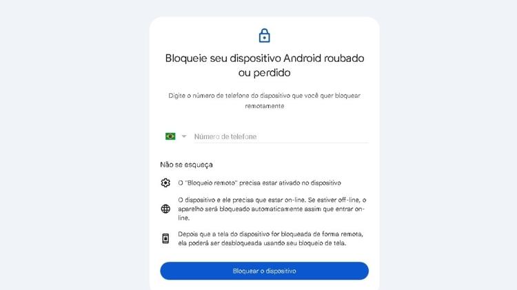 Recurso para bloquear o celular Android roubado ou perdido