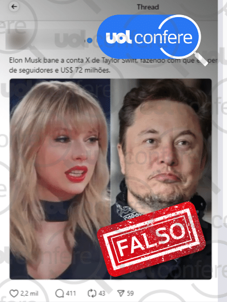 2.out.2024 - Elon Musk não baniu o perfil de Taylor Swift no X (antigo Twitter)