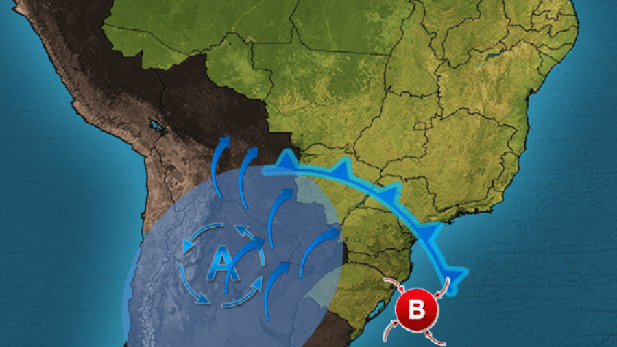 Projeção mostra a formação de um ciclone extratropical sobre a região Sul do Brasil - Divulgação/Climatempo
