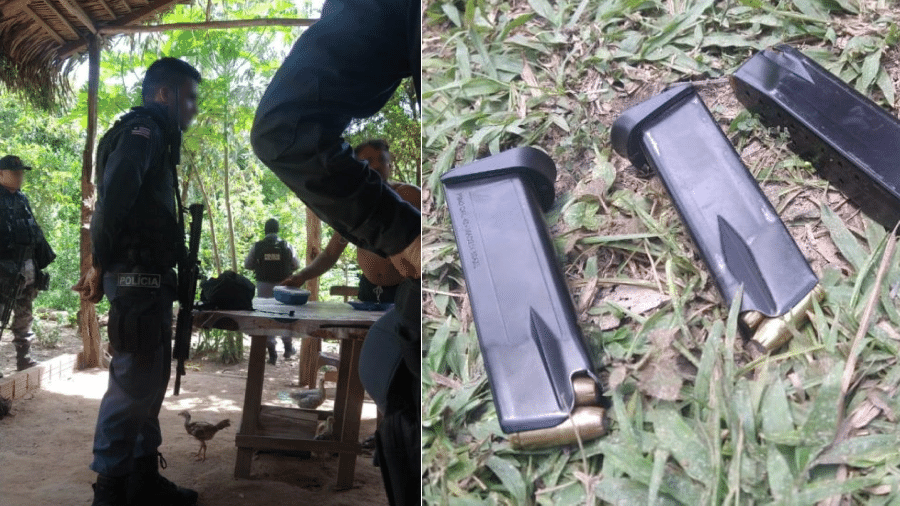 Imagens feitas pelos indígenas mostram os PMs na aldeia e cartuchos para arma de fogo que foram encontrados na área e pertenceriam aos agentes  - Povo Akroá Gamella/Cimi Maranhão