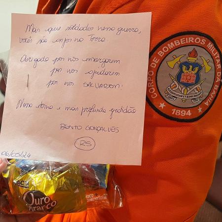 Bilhete dado por moradora de Bento Gonçalves pelo apoio dos bombeiros da Bahia 