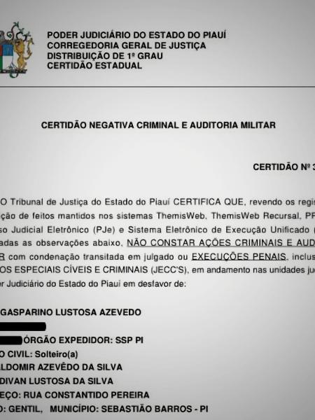 Certidão negativa de Gasparino emitida pelo TJ-PI em 1º de agosto de 2024