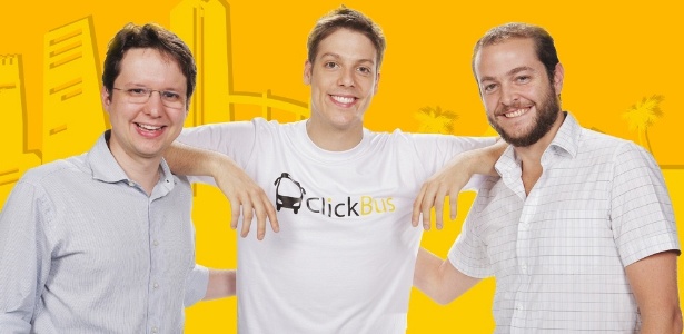 Fábio Porchat (ao centro) é sócio de Martins (à esq.) e Prado, na start-up ClickBus - Divulgação
