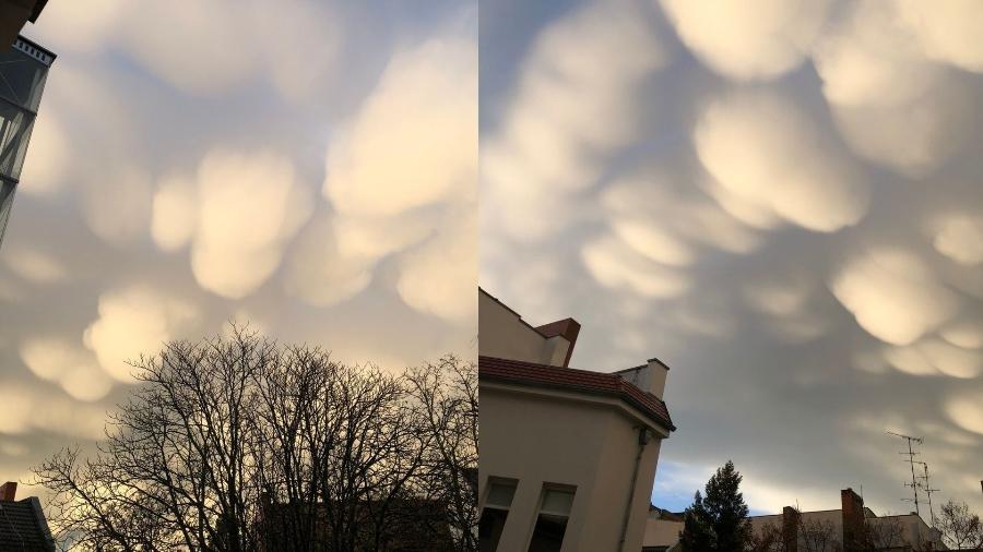 Nuvens "mamatus", como são conhecidas, são raras e aparecem após tempestades - Reprodução/Twitter/@JuliaCurio