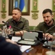 Apr 9,2022 - Ukrainian Presidential Chief of Staff Andriy Yermak and Ukrainian President Volodymyr Zelensky listen to British Prime Minister Boris Johnson during a meeting in Kiev - Andriy Yermak