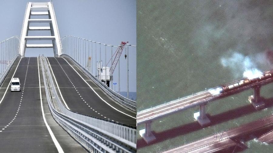 Ponte Kerch, na Crimeia, em 2018; e a mesma ponte após a explosão, que aconteceu em 8 de outubro de 2022 - Arte
