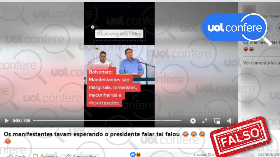 16.nov.2022 - Bolsonaro não chamou apoiadores de "marginais" ou "terroristas" - Arte/UOL sobre Reprodução/Facebook