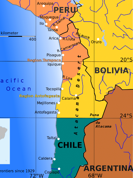  Mapa da Bolívia (em amarelo) antes da guerra contra o Chile em 1.879; país tinha acesso ao Oceano Pacífico. Hoje território pertence ao Chile