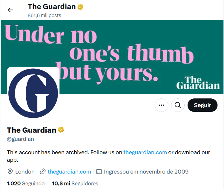 Conta principal do The Guardian no X tem mais de 10 milhões de seguidores