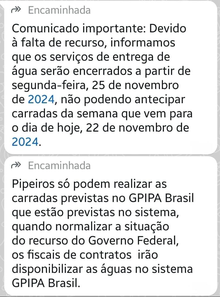 Mensagens enviadas a pipeiros de AL e PE na sexta-feira (22)