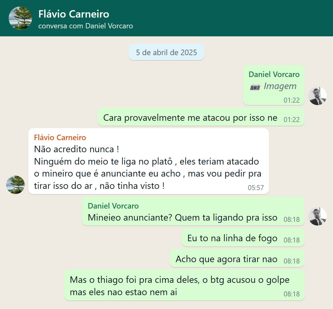 Conversa entre Daniel Vorcaro e Flávio Carneiro sobre tirar matéria do ar do PlatôBR - undefined