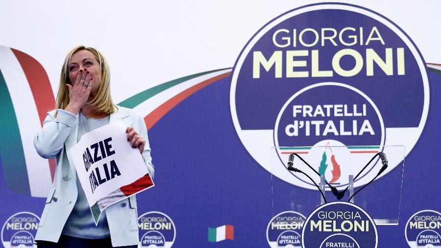 26.set.22 - Líder dos Irmãos da Itália Giorgia Meloni reage na sede da noite eleitoral do partido, em Roma, Itália - GUGLIELMO MANGIAPANE/REUTERS