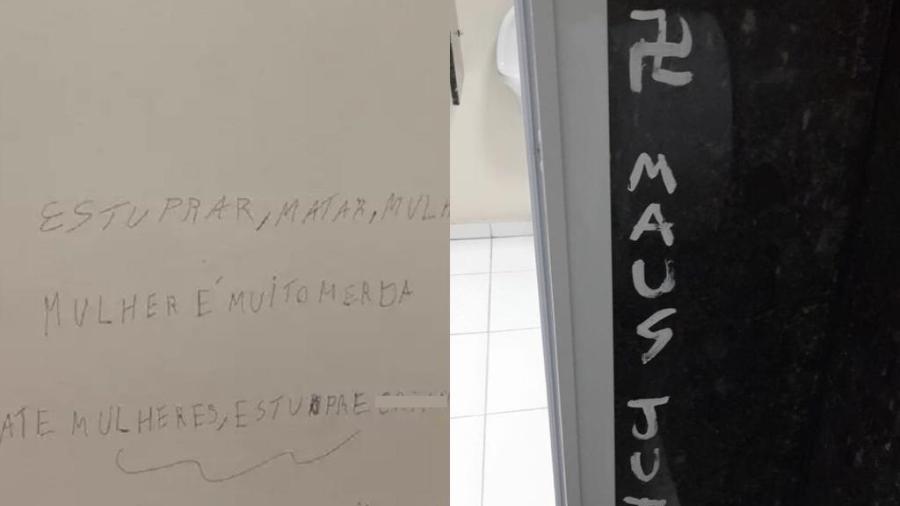 Mensagens de cunho sexista e nazista foram pintadas em banheiros da UFSC na segunda-feira (24) e quarta-feira (26), respectivamente - Reprodução de redes sociais