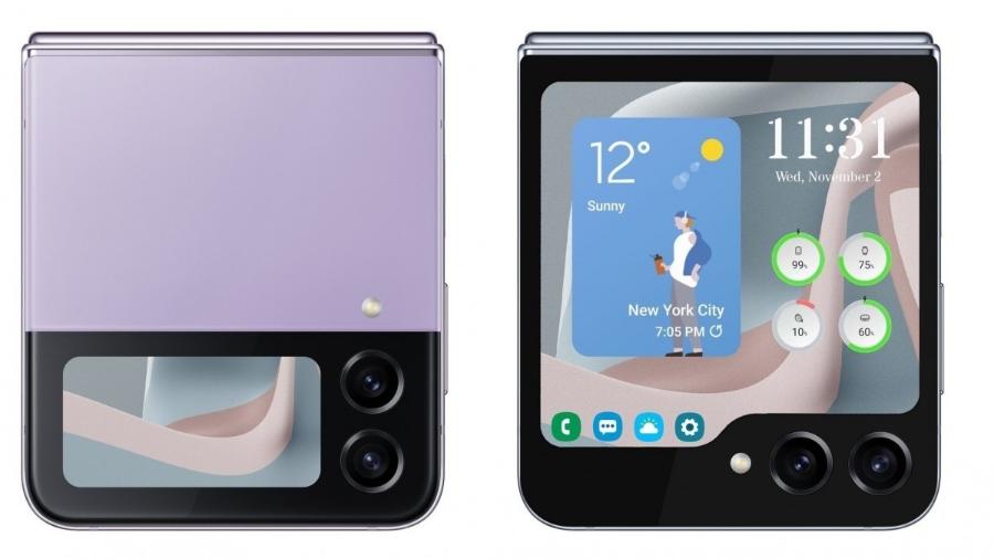 Imagem da direita exibe o possível visual do Samsung Galaxy Z Flip 5 com base em rumores - Reprodução/GSM Arena