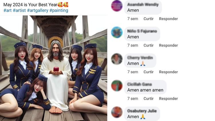 Imagem gerada por IA mostra Jesus com aeromoças asiáticas; comentários dizem "amém"