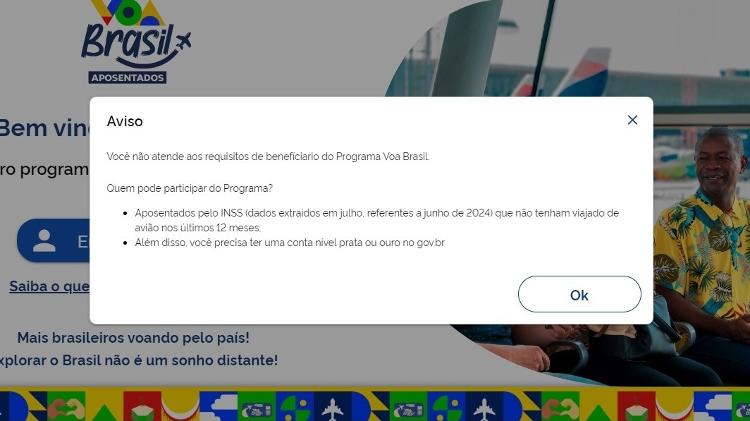 Mensagem que aparece no site do Voa Brasil para quem não se enquadrar nas regras do programa