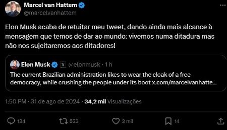 31.ago.2024 - Marcel van Hattem (Novo) comemora retweet de Elon Musk