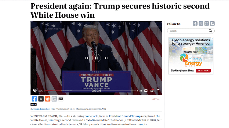  O segundo maior jornal da capital americana, o Washington Times