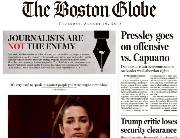 16.ago.2018 - Capa do Boston Globe, destacando o editorial com o título "Jornalistas não são o inimigo" - Reprodução/The Boston Globe
