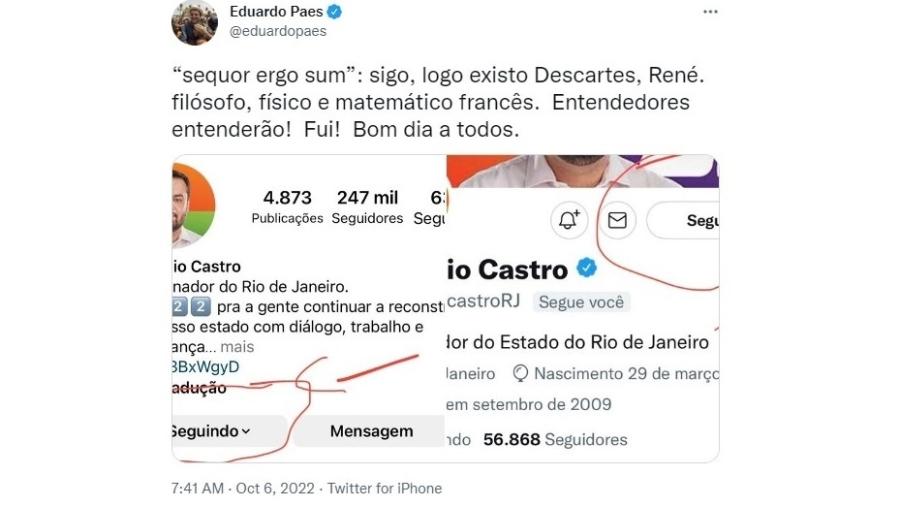 Cláudio Castro disse que não é seguido por Jair Bolsonaro no Instagram; Eduardo Paes ironizou declaração do governador - Reprodução/Twitter