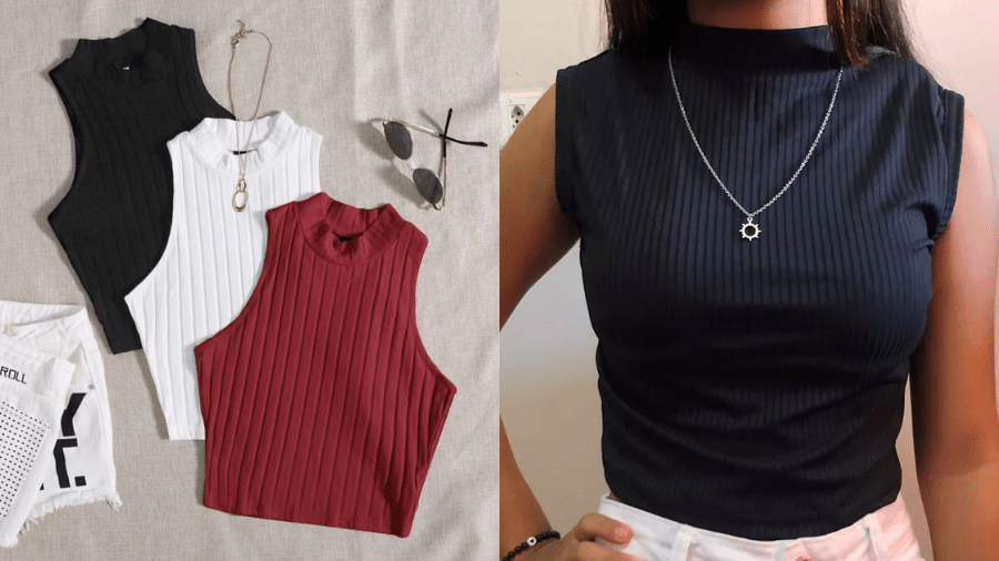 Kit com 3 camisas cropped em tecido de malha canelada Kit com 3 camisas cropped em tecido de malha canelada