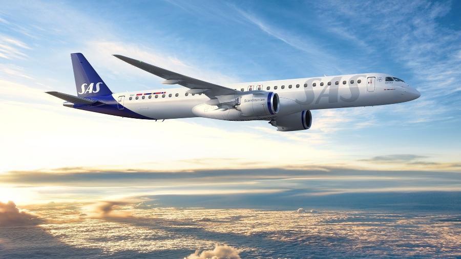 Jato E195-E2, da Embraer, em voo; modelo vendido à Dinamarca consome até 29% menos combustível e é usado em rotas regionais - Divulgação/Embraer