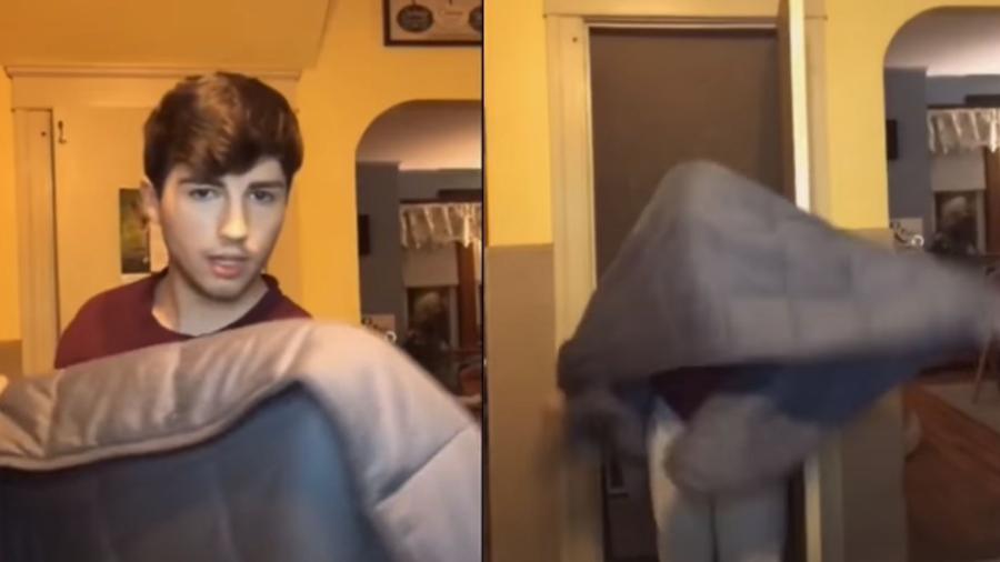 Corey, de 24 anos, faz o "desafio do cobertor pesado", que viralizou no Tik Tok  - Reprodução/@coreythebagel/TikTok