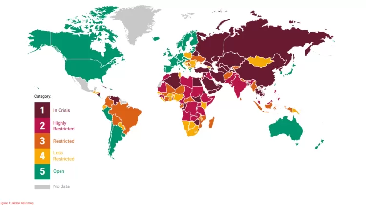 Mapa mundi mostra situação da liberdade de expressão em cada país - Relatório Global de Expressão 2020/2021 - Artigo 19 - Relatório Global de Expressão 2020/2021 - Artigo 19