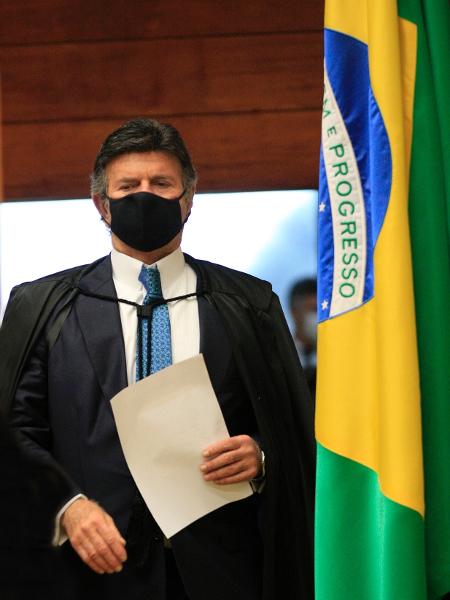 2.dez.2021 - O presidente do STF, ministro Luiz Fux, de máscara, durante sessão plenária da Corte - Nelson Jr/STF