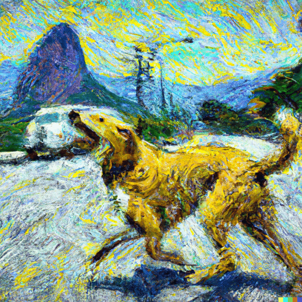 Pedido: 'pintura de um vira-lata caramelo correndo atrás de um motociclista com o Corcovado do Rio de Janeiro ao fundo, no estilo de Vincent Van Gogh' - Reprodução/DALL-E 2