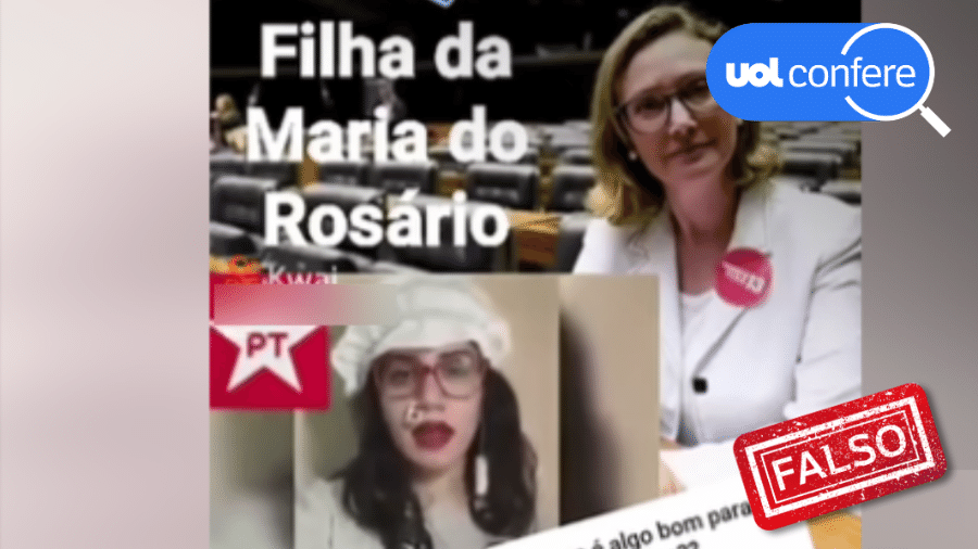 18.abr.2023 - Atriz que aparece em vídeo satírico nas redes sociais não é filha de Maria do Rosário.  - Arte/UOL Confere sobre Reprodução/Facebook