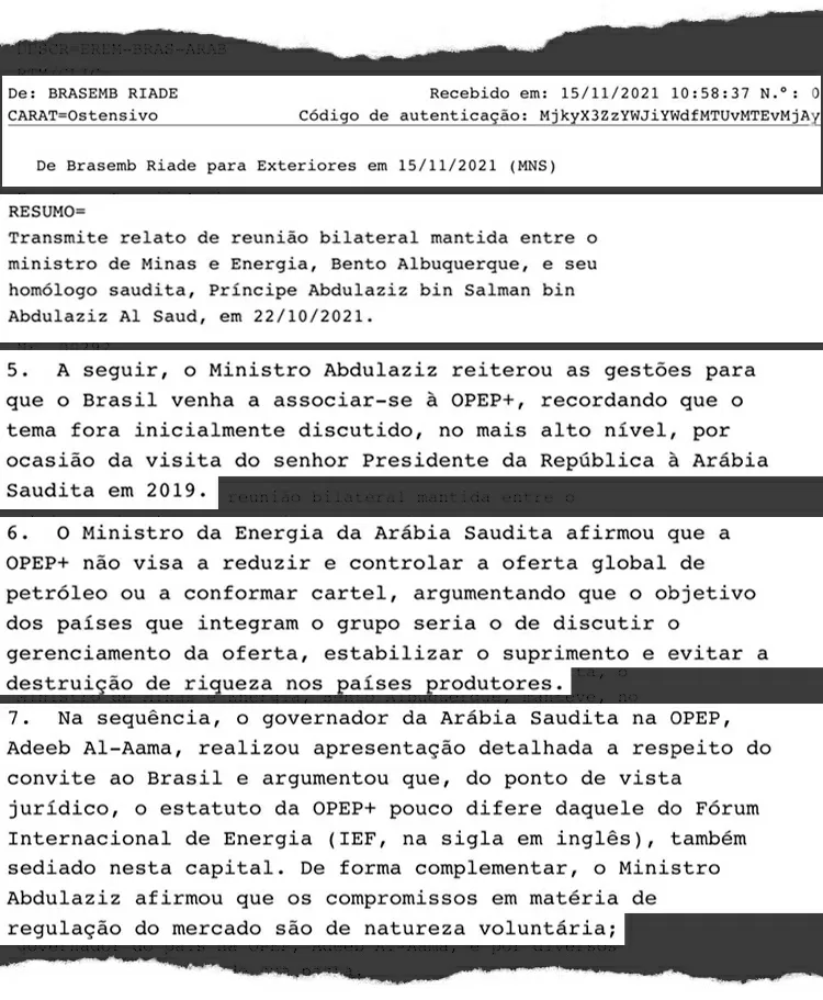 Telegramas internos do Itamaraty revelam conteúdo de reuniões entre governo Bolsonaro e sauditas - Reprodução - Reprodução