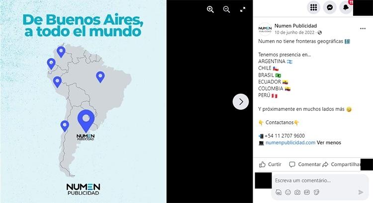Print da página da empresa argentina Numen no Facebook indicando escritórios em outros países. No entanto, eles não foram localizados pelo projeto "Mercenários Digitais"