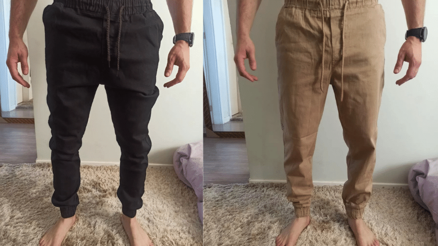 Modelo de calça jogger está disponível nas cores preta, bege, branca e azul.